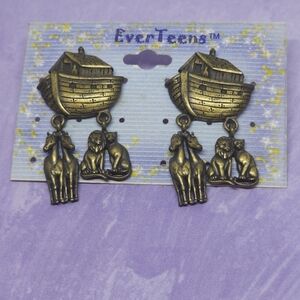 Vintage JJ Brass Tone Noah's Ark Earrings